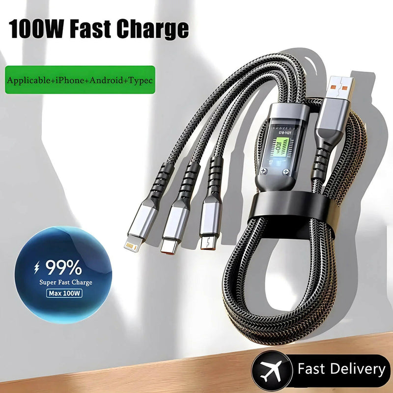 Transparent Luminous 3-in-1 Super Fast Charging Cable for iPhone 15/14/13 with Type-C and Micro USB Compatibility.