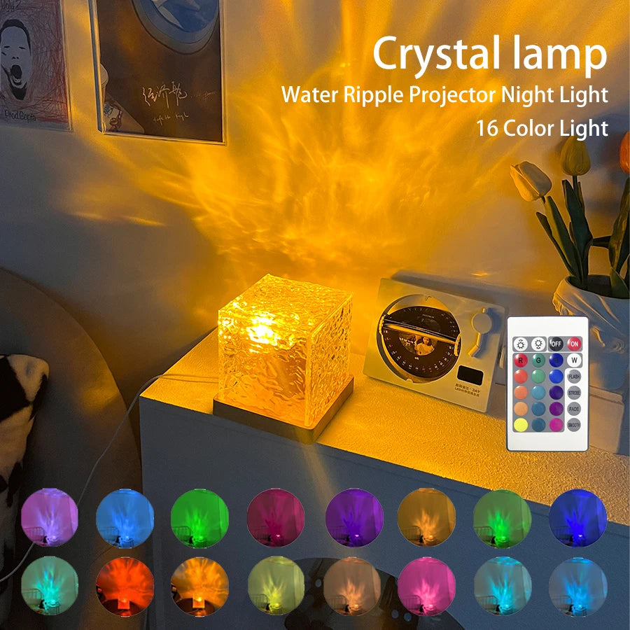 Dynamic Rotating Water Ripple Projector Night Light - 3/16 Color Flame Crystal Lamp for Bedroom, Living Room, and Study.
