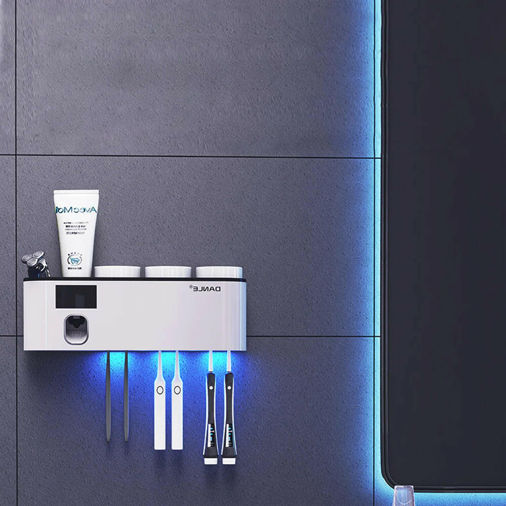 UV Toothbrush Sanitizer Holder with Rechargeable Wireless Design and Wall-Mounted Hands-Free Toothpaste Dispenser.