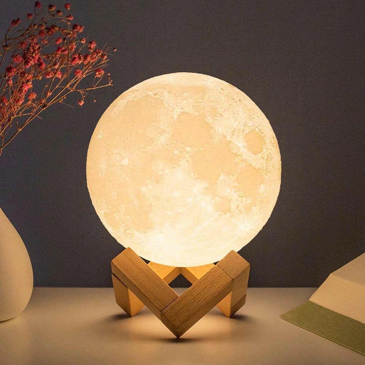 D5 8cm LED Moon Lamp with Stand - Battery Operated Starry Night Light for Bedroom Decor, Ideal Gift for Kids and Christmas.