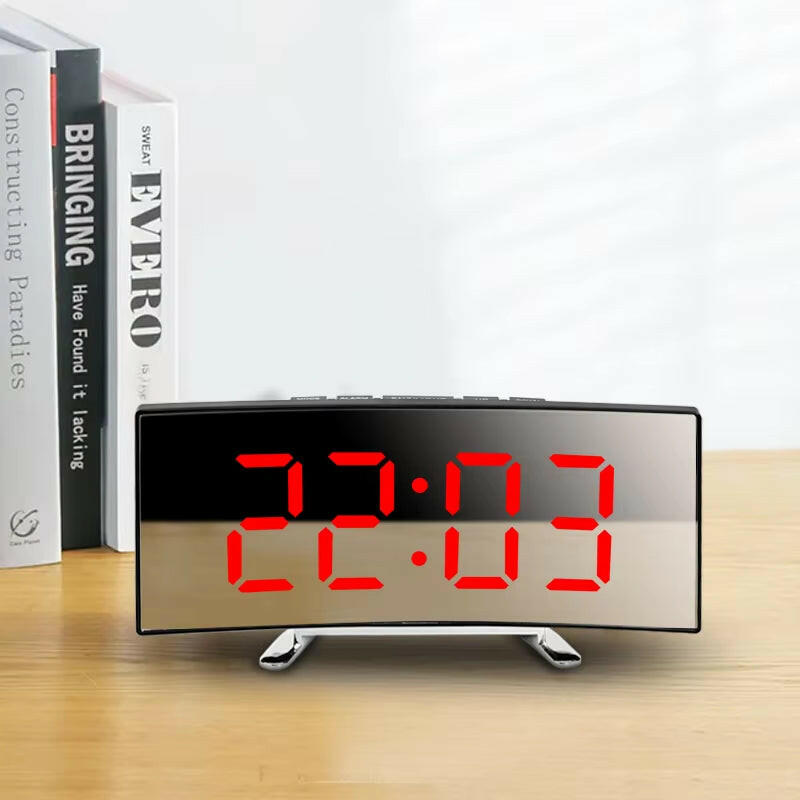 Creative Curved LED Alarm Clock with Dual-Purpose Mirror Design.