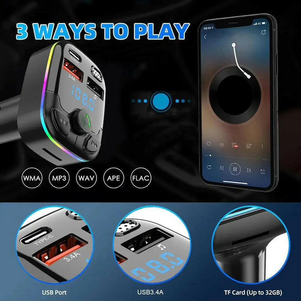 Bluetooth 5.0 Car FM Transmitter PD Type-C Dual USB Ambient Player MP3 Charger Type-C Wireless Light 18W Handsfree PD QC3.0 Y3Z4.