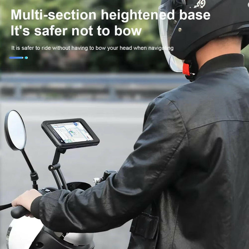 Universal Waterproof Motorcycle and Bicycle Mobile Phone Holder with Magnetic 360° Swivel and Adjustable Features.