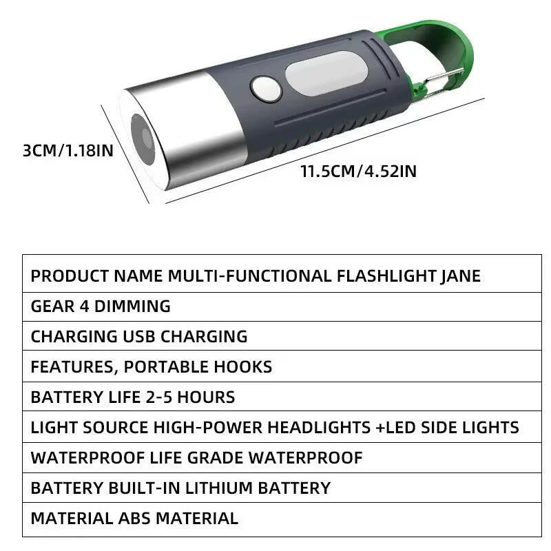 High-Power Mini LED Flashlight for Camping with Telescopic Zoom and Waterproof Design, Featuring 3 LEDs and Side Lights.