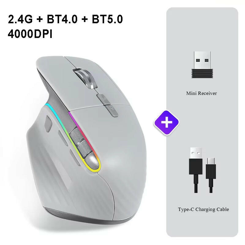 Wireless Mouse Bluetooth+2.4G Tri-Mode Mouse Mute Mice Ergonomic Gaming Mouse USB-C Rechargeable 5 DPI for Laptop PC Notebook.