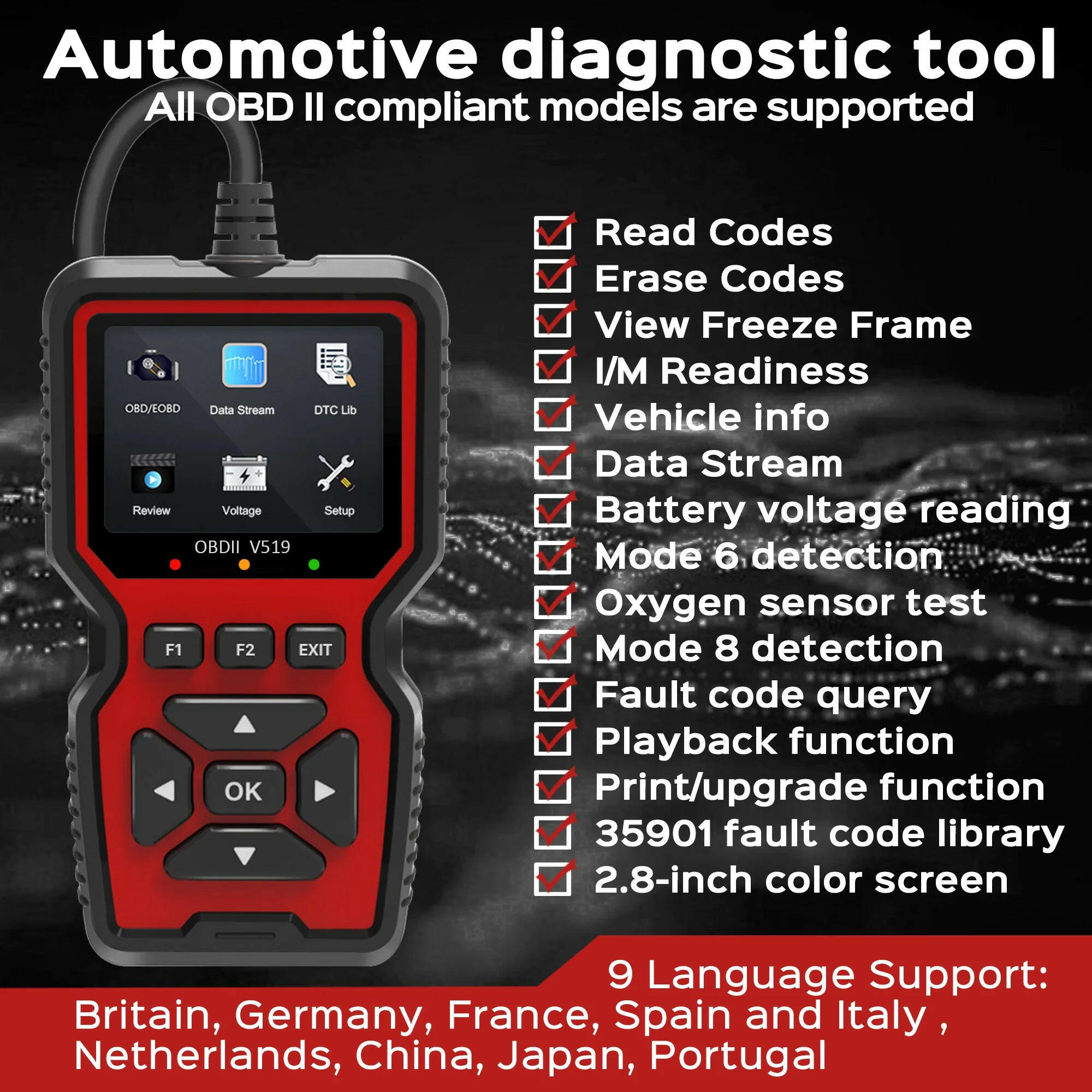 Professional OBD2 Scanner with Live Data for Comprehensive Vehicle Diagnostics and Check Engine Light Analysis.