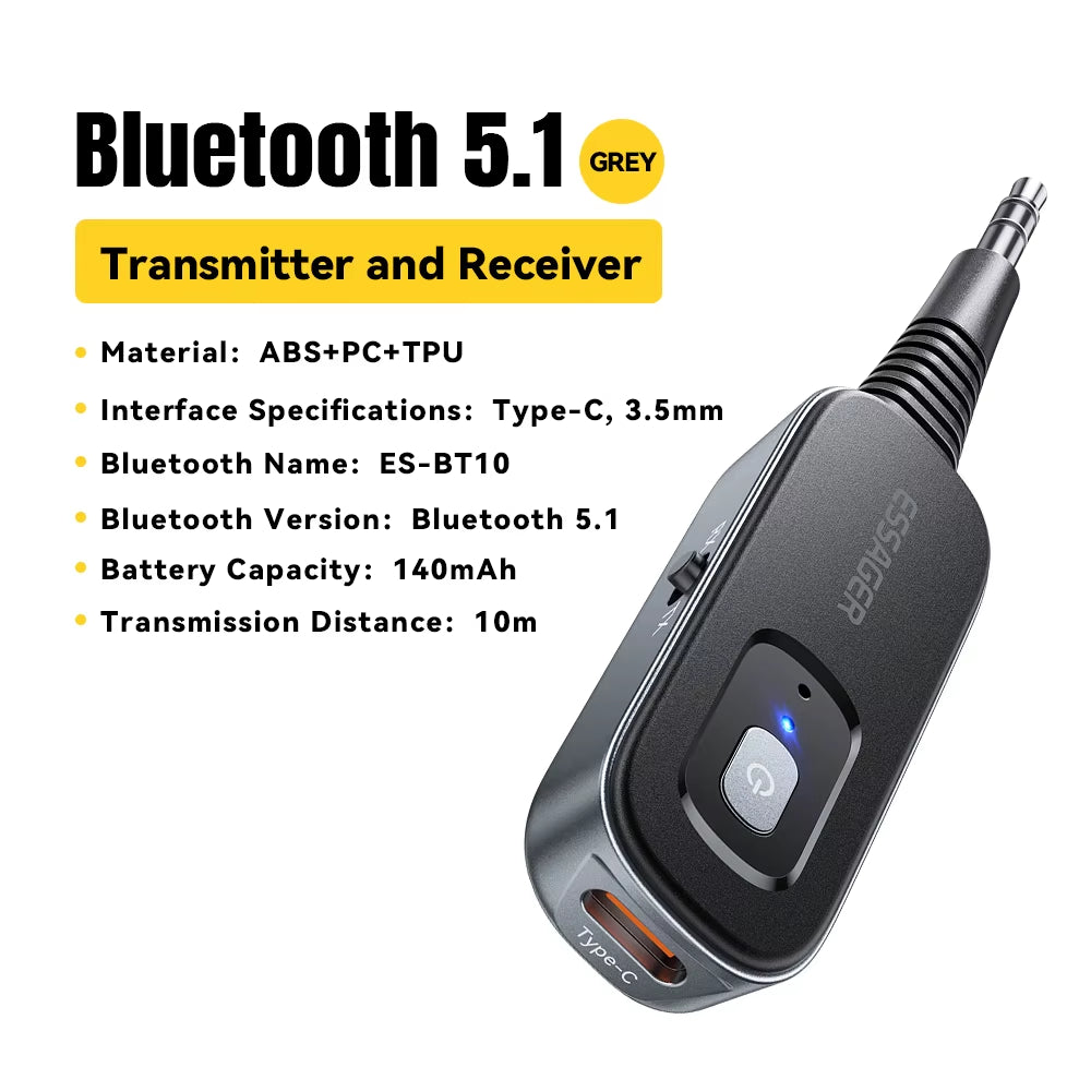 Bluetooth 5.1 Audio Receiver and Transmitter with 3.5mm AUX and Microphone for Wireless Stereo Music Streaming on PC, TV, and Car Speakers.