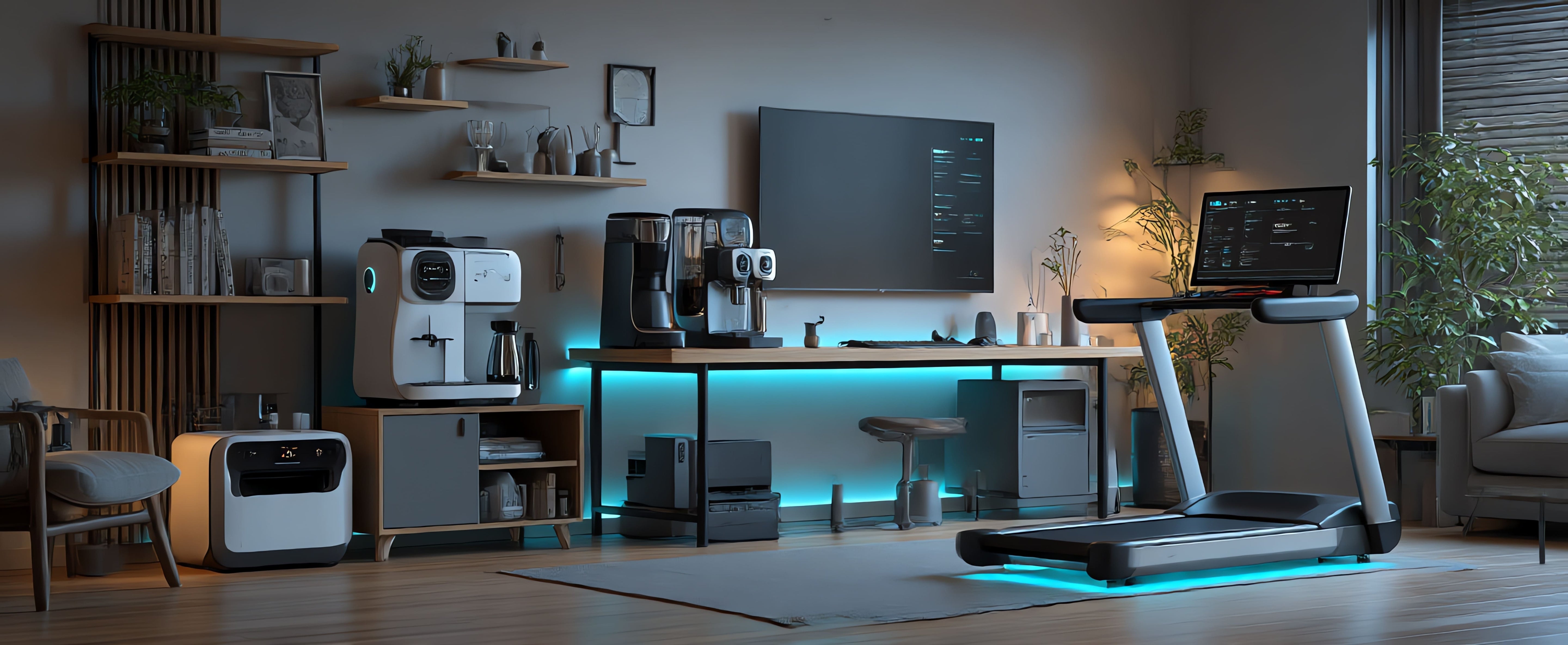 Modern home office with treadmill, coffee machine, and computer setup.