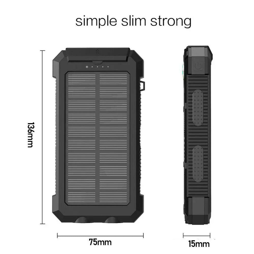 Black solar power bank with dimensions labeled on a white background